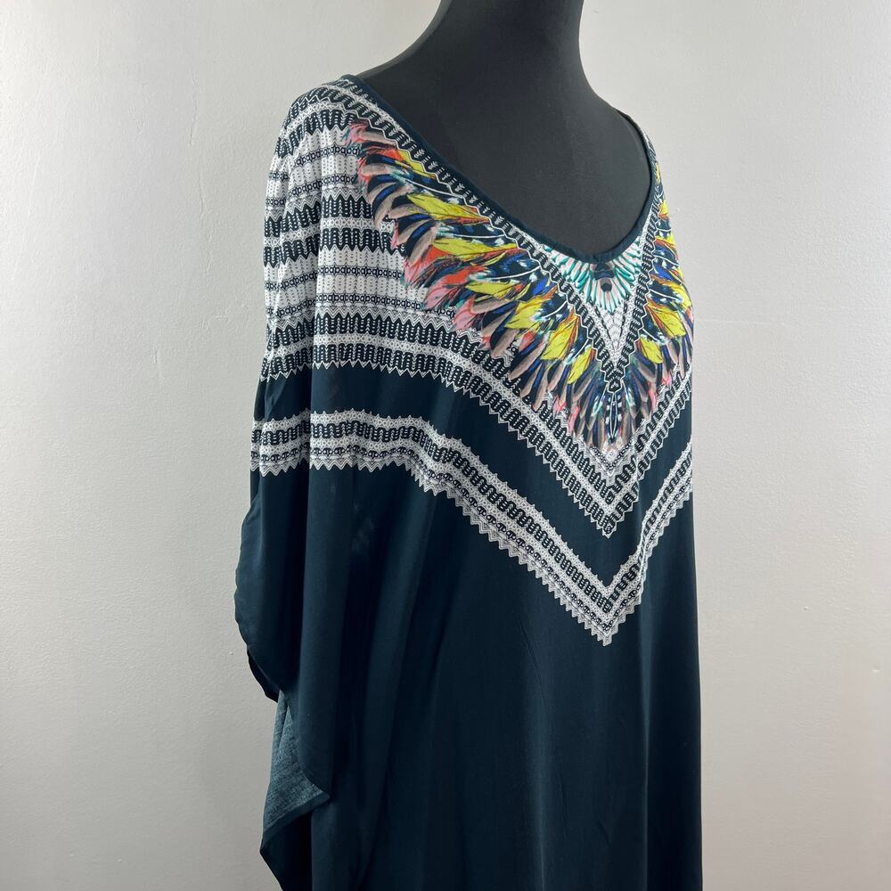 RED CARTER Black M/L Swim Cover Up Tunic Top Boho Peacock Scoop Neck 3/4 Sleeves - Picture 5 of 10